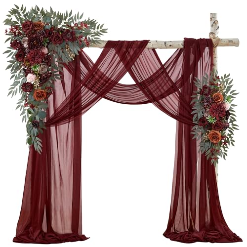 Wedding Arch Flowers with Drapes Kit (Pack of 4) - 2pcs Artificial Burgundy Deluxe Swag with 2pcs Sheer Drapes for Wedding Ceremony Arbor Reception Backdrop Rose Floral Decoration - color: Burgundy