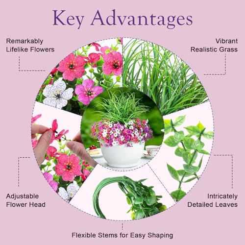 INQCMY Artificial Flowers for Outdoors UV Resistant, 14 Bundles Fake Plants Realistic Silk Flowers with Faux Ferns for Outside Planters Home Porch Patio Garden Back Yard Spring Summer Decoration - color: Light Purple Rose Red White