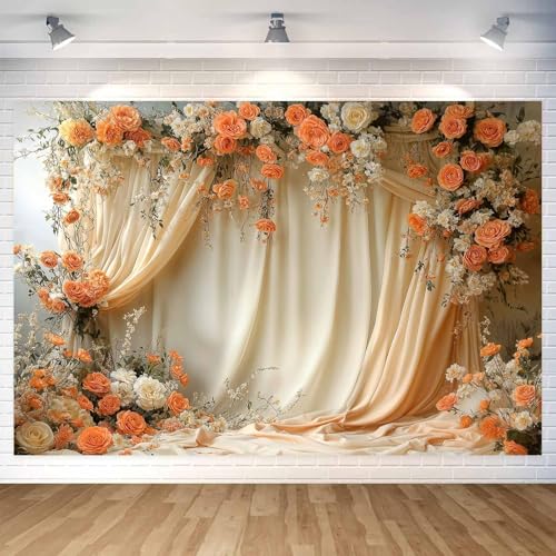 6X4ft Floral Photography Backdrop, Retro Flowers Backdrop Dreamlike Wedding Portrait Photo Background Romantic Wedding Birthday Bridal Shower Engagement Party Background Banner Decor, Orange-2 - color: Orange-2, size: 6x4ft