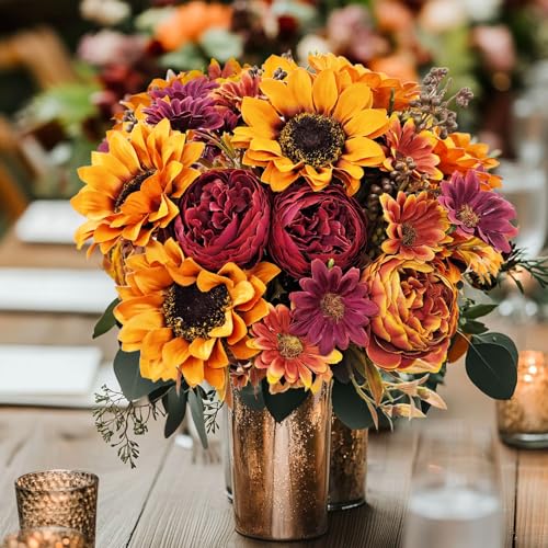 3Pcs Artificial Fall Flowers Faux Mums Sunflower Burgundy Fake Peony Silk Rose Hydrangea Flower for DIY Wedding Bridal Bouquet,Thanksgiving Party Table Centerpieces,Autumn Arrangement Vase Decoration - color: Fall