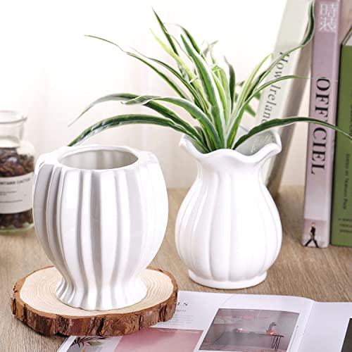 VanEnjoy 6 inch Modern Ribbed Design Small White Ceramic Decorative Tabletop Centerpiece Vase Flower Pot - White Spiral - style: Tropical