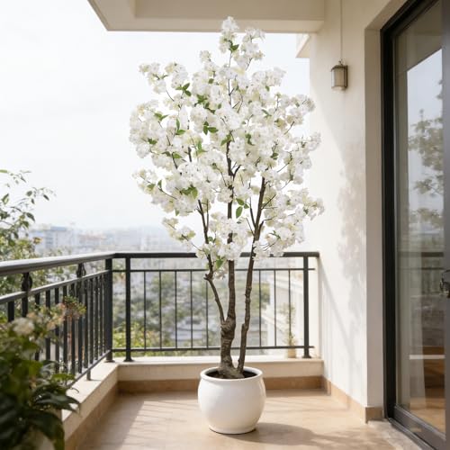 BINCUE Artificial White Cherry Blossom Tree Fake Tree Cherry Blossom Decor Fake Flowers Faux Flowering Tree White Flowers Floral Artificial Plants for Indoors Outdoors Room Home Decor Gift 6FT - color: White-07ap