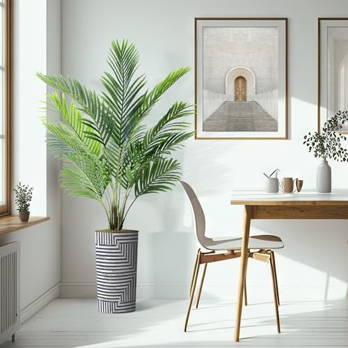 Artificial Tree in Modern Geometric Pattern Planter, Fake Areca Tropical Palm Silk Tree for Indoor and Outdoor Home Decoration - 66" Overall Tall (Plant Pot Plus Tree) - style: Areca Palm Tree