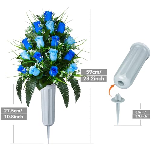 XONOR 2 Sets Artificial Cemetery Flowers, Grave Decorations Roses, Memorial Flowers Bouquet with Vase for Grave Cemetery Decoration (Dark Blue&Light Blue) - color: Dark Blue&light Blue