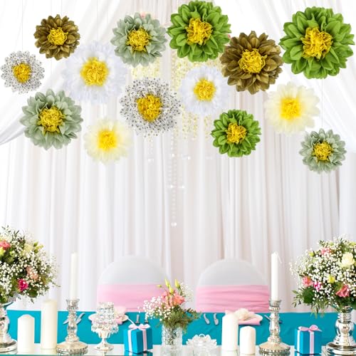 BestoFun 14 PCS Sage Green Tissue Paper Flowers – Elegant Party Decorations for Weddings, Baby Showers, Birthday, Bridal Showers, and Holiday Events - color: Sage Green