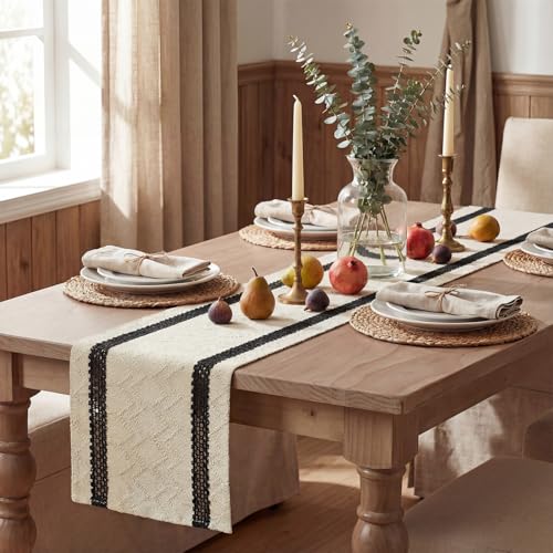 Artoid Mode Black Stripe Woven Table Runner, Seasonal Holiday Hollow Kitchen Dining Table Decoration for Home Party Decor 12x36 Inch - color: Black, size: 12" x 36", Table Runner