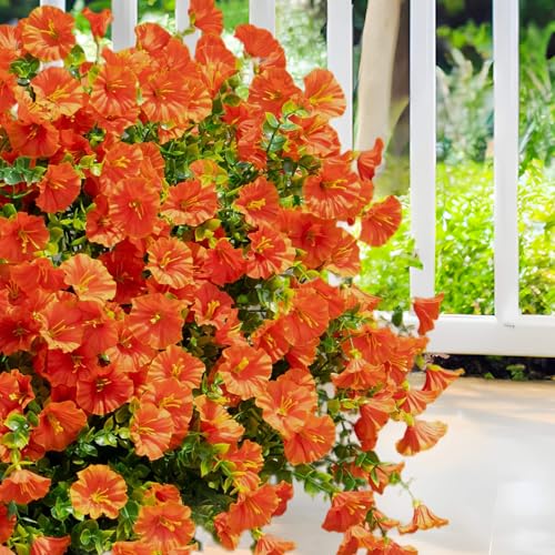 Artificial Flowers for Outdoor Decoration,16 Bundles Fake Silk Realistic Orange Morning Glory UV Resistant Faux Plastic Plants for Planter Porch Patio Yard Balcony(Orange Red) - color: Orange Red