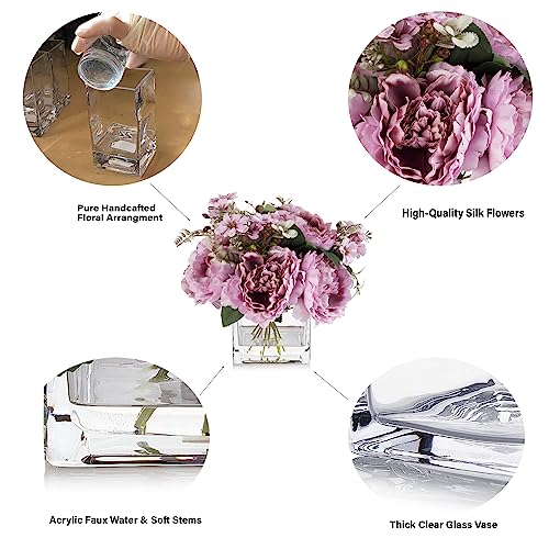 ENOVA FLORAL Artificial Flower Arrangement with Vase,Mixed Artificial Silk Peony Flower in Vase for Decoration Home Office, Wedding Centerpiece (Purple) - color: Purple