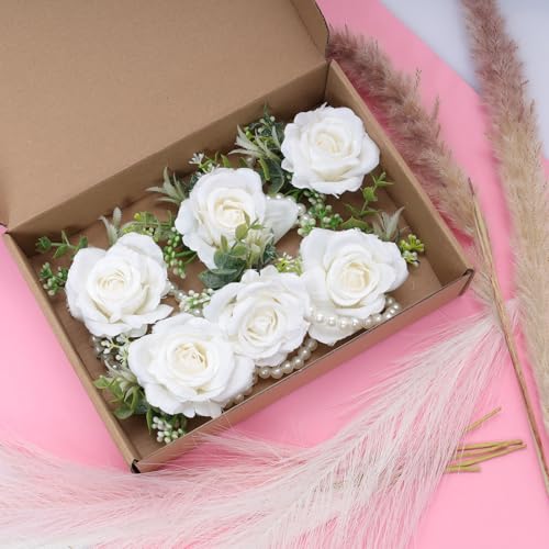 Ivory Rose Wrist Corsage Wristlet Band Bracelet for Women Set of 6 Wedding Bride Bridesmaid Wrist Corsage Artificial Flowers for Wedding Ceremony Anniversary Prom Flowers Formal Dinner Party(6, White)