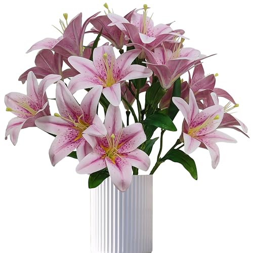 Light Purple Lillies Artificial Flowers, 6 Pcs Faux Lily Flowers,23 Inch Long Stem Tiger Lily Branch with 3 Full Blooms and 4 Leaves, Latex Real Touch Lilium Flower for Wedding Bouquet - color: Light Purple