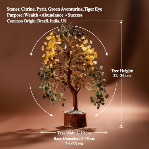 ANAYA AGATE Money Wealth Crystal Tree Set with Tree of Life Citrine, Pyrite, Tiger Eye & Green Aventurine, Chakra Healing Gemstone Trees for Prosperity, Success, Good Luck & Positive Energy - color: Money Wealth Golden Wire