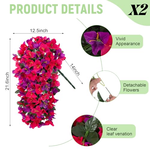 Fake Bougainvillea Artificial Flowers for Outdoors Decoration 2 pcs Faux Hanging Flowers Plants for Outdoor Planters UV Resistant Silk Bougainvillea Vines for Front Door Porch Urn Patio Garden - color: Hot Pink and Light Purple