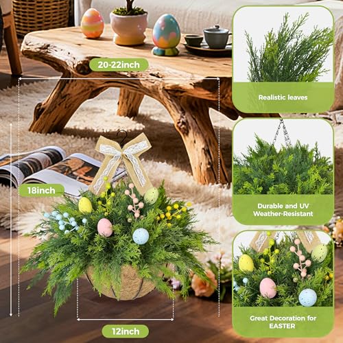 Set of 2 Easter Artificial Hanging Plant Flower Baskets, Fake Planter Hanging with 24 Pcs Cypress Leaves, Faux Ferns with Easter Eggs & Berries for Outdoor Spring Decor Porch, Garden, Patio - color: Green, Multi-colored