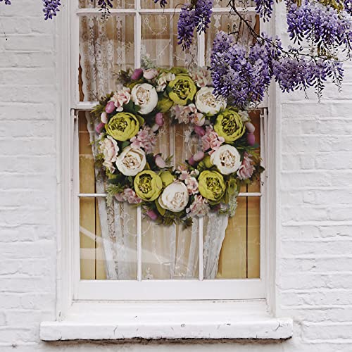 BOMAROLAN Artificial Peony Flower Wreath 19Inch Vintage Blooming Silk Peonies Spring Summer Fall Winter Large Wreaths Flower Green Leaves for Outdoor Front Door Indoor Wedding Wall Or Window Décor - color: White & Green