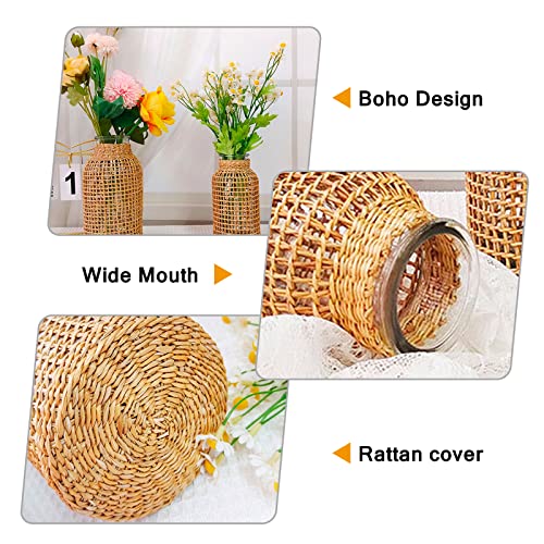 MDEOOSKY Straw Woven Glass Vase 7.87''x1.96''x4.13''Boho Glass Flower Vase Country Rustic Style Vase Glass Vase for Floral Arrangements Bottle Height (B Style 7.87IN) - size: 7.87IN