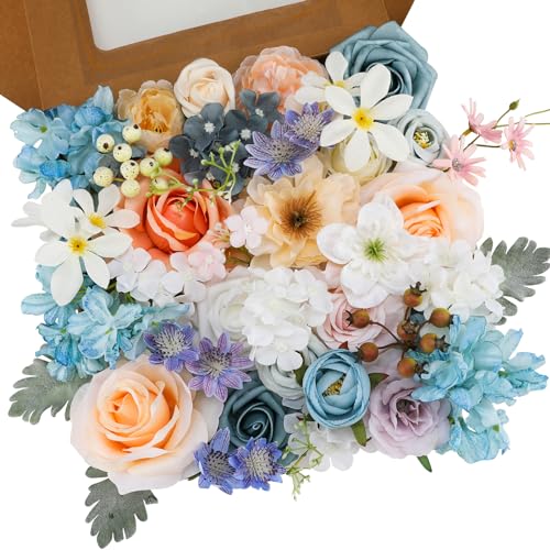 Floweroyal Artificial Flowers Combo Fairy Blue Flowers Mix Silk Flowers Fake Roses with Stems for DIY Wedding Bridal Bouquets, Baby Shower, Floral Arrangement, Table Centerpieces, Home Decorations. - color: Fairy Blue&pink