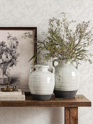 Large White Ceramic Vase - 11.3 Inch Rustic Farmhouse Vase with Handles for Home Decor, Vintage Tall Vases for Living Room, Table, Bathroom, Holiday & Weddings (Aurora White) - color: 11.3 Inch-aurora White