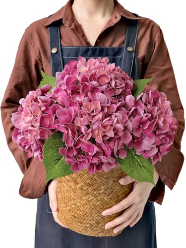 JINWOE Magenta Pink Hydrangea Artificial Flowers, 4Pcs 21” Latex Real Touch Flowers, Full Faux Silk Flowers Fake Artificial Hydrangeas with Stems for Bouquet Table Centerpieces Wedding Baby Showers - color: Magenta