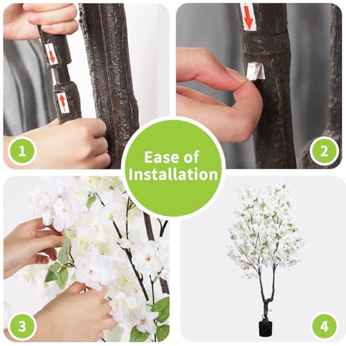 Faux White Cherry Blossom Tree 6ft(72in) Tall Artificial Japanese Sakura in Pot Realistic Cherry Plant Decor Handmade Natural Fake Pink Flower Tree for Christmas,New Year,Wedding,Living Room - color: Cherry Blossom(white 9), size: 6ft