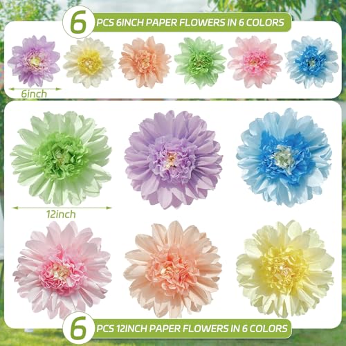 Pastel Paper Flowers, 12 Pcs Paper Flowers Decorations for Pastel Party Decor, 6 Inch, 12 Inch Crepe Paper Flower for Wedding, Party, Baby, Bridal Shower, Nursery Wall Decor, Bulletin Board - color: Pink Blue Green