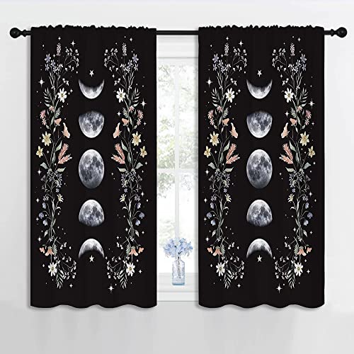 Boho Floral Wildflower Rod Pocket Blackout Curtains for Boy Girl Bedroom, Moon Phase Moonlit Garden Witchy Gothic Aesthetic Thermal Insulated Home Window Drapes for Living Room Darkening, 42x45 inch - color: Boho Floral Wildflower-003, size: 42"W x 45"L (