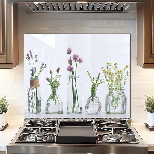 DAIFURONGE Tempered Glass Backsplash for Kitchen,Flowers and Vase,30"x24" | Behind Stove Back Splash Panel Protector, Easy to Clean, Kitchen Wall Decor,One Piece Oven and Range Backsplash - size: 30"L x 24"W