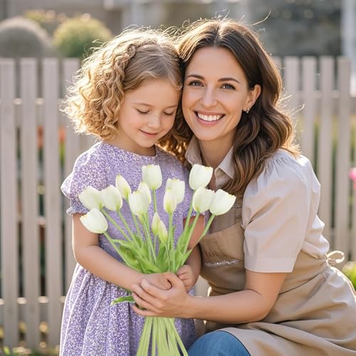 15 Pcs White Tulips Artificial Flowers Faux Tulips Real Touch Latex Fake Flower Bouquet for Spring Wedding Home Décor Centerpiece Arrangements - color: White