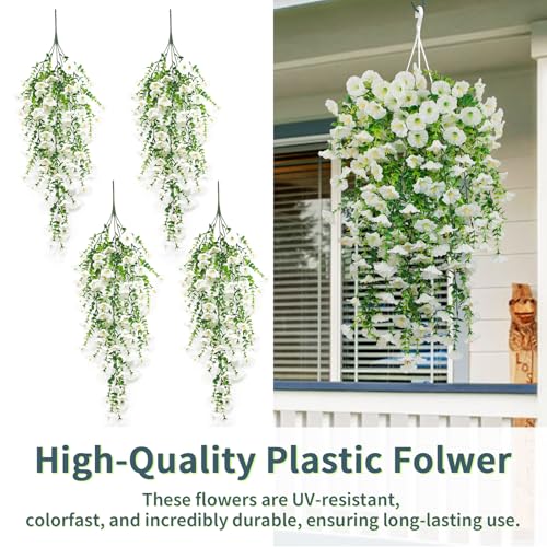 4 Pack Artificial Faux Hanging Flowers Plant for Outdoor, Fake Silk Morning Glory with Eucalyptus UV Resistant Realistic Trailing Vine for Wall Home Porch Patio Balcony Yard Indoor Decor, White - color: White