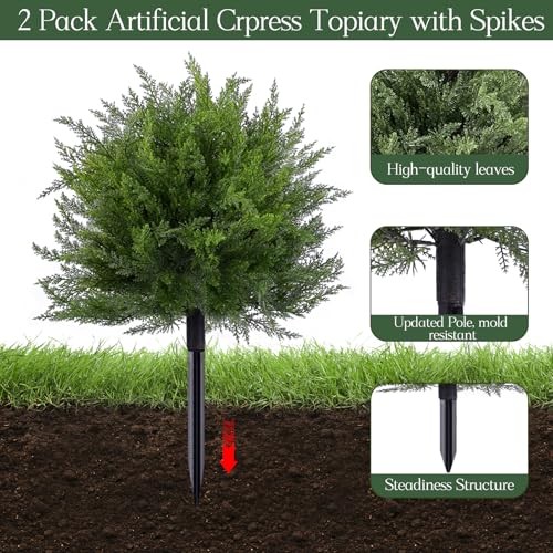 FAJUNZH Artificial Topiary Bushes for Outdoors with Spike, Boxwood Ball Fake Shrubs UV Resistant Faux Plants for Indoor Outdoor Fall Thanksgiving Halloween Decor (Cedar Topiary Ball Trees) - color: Cedar Topiary Ball Trees