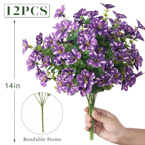 GLIDLION 12 Bundles Artificial Morning Glory & Eucalyptus for Outdoor, Realistic Fake Silk Flower UV Resistant Faux Plant for Front Door Patio Garden Farmhouse Decor (Purple) - color: Purple