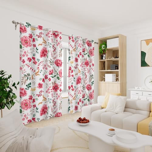 Renaiss Pink Rose Floral Curtains Red Peony Flowers Blackout Window Curtains for Bedroom Thermal Insulated Living Room Window Drapes 29W x 45L Inches 2 Panel Set, Grommet Top - color: Pink & Green, size: 29"W x 45"L (Pack of 2)