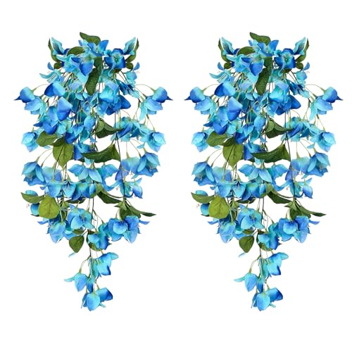 IPOPU Artificial Bougainvillea Hanging Flowers 2PCS UV Resistant Fake Silk Bougainvillea Plant Vine Faux Hanging Flowers for Garden Yard Porch Patio Wedding Wall Home Outdoor Decoration (Blue) - color: Blue