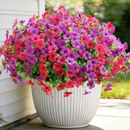 Artificial Flowers for Outdoors, Fake Faux Plants Outside Realistic Spring Summer Decor, UV Resistant Silk Flowers for Home Porch Garden (12, Purple Hot Pink) - color: Purple Hot Pink