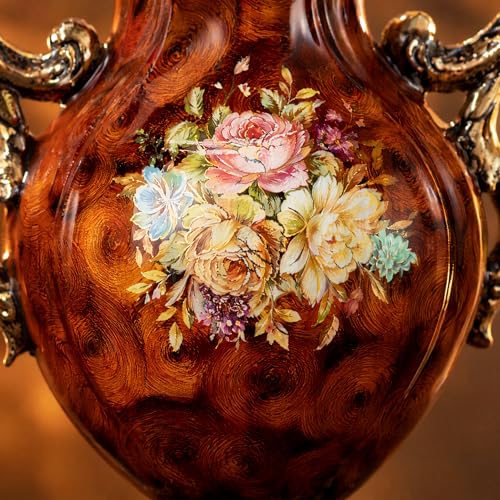 Artificial Flowers in Vase, 20.4" Tall Faux Silk Rose Arrangement, Vintage European Wood Grain Resin Vase, Luxury Indoor Table Centerpiece for Living Room Dining Wedding Decor - color: Gold & Red, size: 20.4'' Height