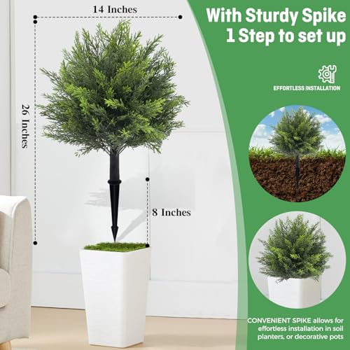 Artificial Topiary Cedar Tree Set of 2 Fuax Cypress Trees 26'' Artifcial Boxwood Bushes with Ground Spike UV Protection Fake Shrubs for Front Porch Balnocy Garden Decoration