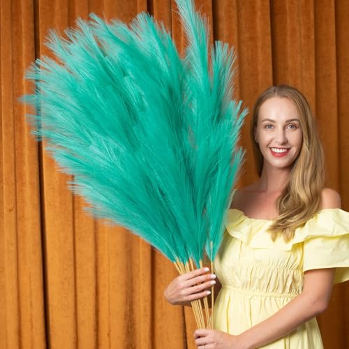 Pampas Grass Decor Tall, 43"/110cm Faux Pampas Grass 6 Stems Large Pompass Grass Branches Tall Bulk Boho Flower Arrangement for Home Room Wedding Party Decor (Green) - color: Green