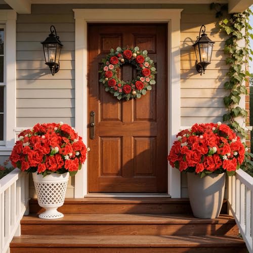 Olatay 12 Bundles Mixed Color Artificial Flowers for Outdoor, Artificial Geraniums Flowers for Outdoor, UV-Resistant Fake Geraniums for Porch, Balcony, Garden, Indoor Decoration (Red) - color: Red
