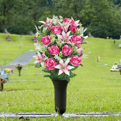 Briful Artificial Flowers for Cemetery, Cemetery Flowers for Grave, Weather Resistant Cemetery Flowers for Vase, Large Sympathy Grave Floral Arrangement with Roses Lily Flowers - color: Violet, size: 25.9 in. Cemetery Flowers Bouquet