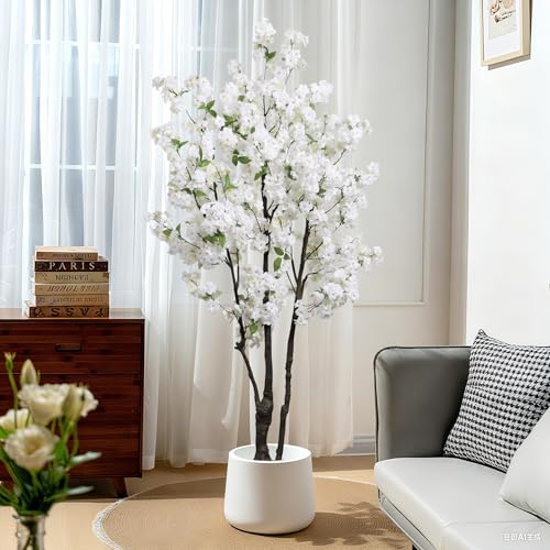 Artificial White Cherry Blossom Tree 6ft(72in) Faux Floor Green Plant for Indoor Decor Natural Potted Tree Realistic Cherry Flowers Wood Trunk for Home Living Room,Office Perfect Housewarming Gift - color: Cherry Blossom(white 10), size: 6ft