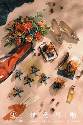 TINGE TIME Boutonniere for Men Wedding,Groom and Best Man Boutonniere for Wedding, Prom, Homecoming, Anniversary, Graduation (Burnt Orange & Dark Teal) - color: Burnt Orange & Dark Teal