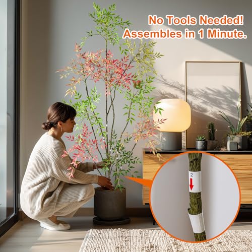 7.2ft Faux Bamboo Tree Artificial Nandina Tree Artificial Indoor Plants Realistic Fake Potted Tree with 800+ Leaves, Cement Planter - Home Office Decor Perfect for Housewarming Gift Non-Toxic - color: Mixcolor, size: 7ft 2in