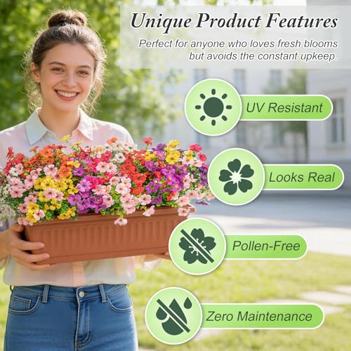 Artificial Flowers for Outdoor Decoration -16 Bundles UV Resistant Fake Faux Flower,Spring Faux Plants Outside Decor for Indoor Home Garden Porch Window Box,Red Rose Red Purple Yellow Pink - color: Red Rose Red Purple Yellow Pink