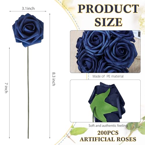 Tigeen 200 Pack Navy Blue Artificial Roses Flowers Bulk with Stems Artificial Foam Rose Real Looking Fake Flower for DIY Wedding Bouquets Bridal Shower Centerpieces Floral Arrangements Home Decoration - color: Navy Blue