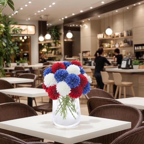 12Pcs Faux Chrysanthemum Flowers 4th of July Patriotic Flower Decor Artificial Mums Memorial Day Fake Ball Flower Home Event Table Centerpieces DIY (White & Red & Blue, 12pcs) - color: White，red，blue （12pcs）