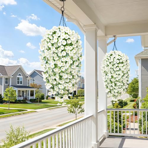 TOCHGREEN Artificial Fake Hanging Flowers Plants for Outdoor Decoration 2PCS Faux Silk Morning Glory Flowers UV Resistant Hanging Plants for Home Porch Patio Garden Decor (4PCS, White) - color: White, size: 4PCS