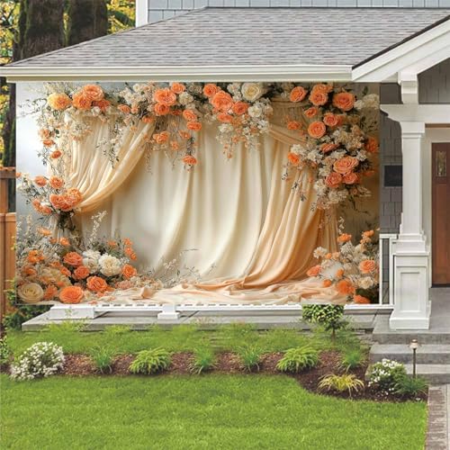 5X3ft Floral Photography Backdrop, Retro Flowers Backdrop Dreamlike Wedding Portrait Photo Background Romantic Wedding Birthday Bridal Shower Engagement Party Background Banner Decor, Orange-2 - color: Orange-2, size: 5x3ft