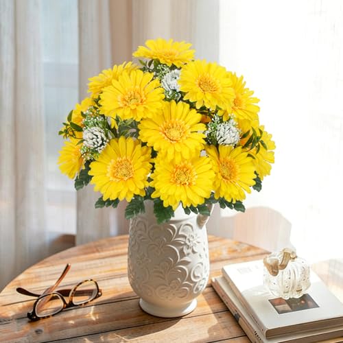 2PCS 18" Artificial Yellow Gerbera Daisy Bouquet, Farmhouse Decor | Table Centerpiece Decor, for indoor outdoor, silk flower, fake flowers, faux flowers, for vase, vase filler - color: Yellow-2pcs