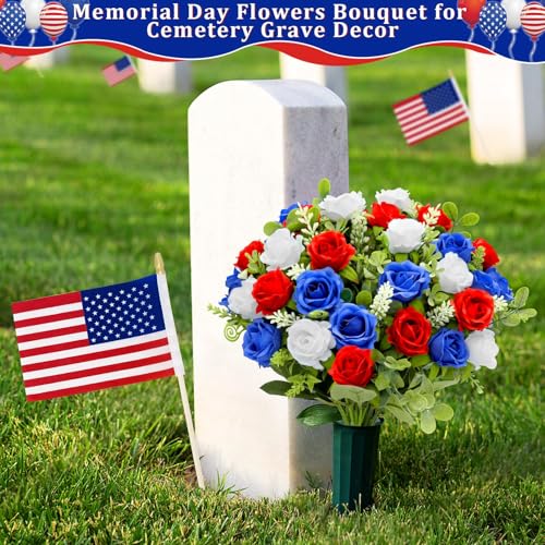 4 Bouquets Artificial Red White and Blue Patriotic Flowers 4th of July Decorations USA 250th Anniversary, Outdoor UV Resistant Realistic Fake Silk Roses Memorial Flowers for Cemetery Veterans Home - color: Red,white,blue