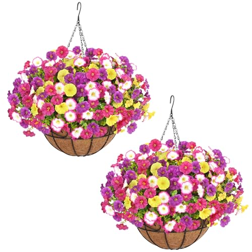 Elyum 2 Pack Artificial Hanging Flowers for Outdoors, Fake Flowers Artificial Petunias Hanging Baskets for Outdoors, UV Resistant Fake Hanging Plants Flowers for Outside Garden Patio Porch Decor - color: Mixed Colors 1, size: 2 Pack