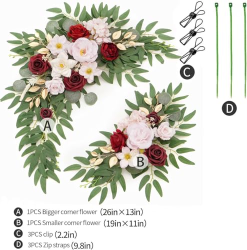 Faux Flower Swag Set of 2 for Wedding Welcome Signs Floral Swag Wedding Reception Ceremony Signs Decor (A-Burgundy Pink) - color: A-burgundy Pink